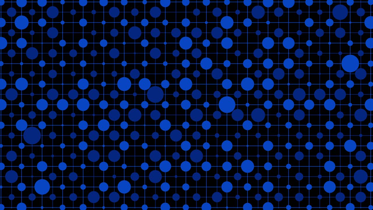 Animated blue dots on black grid background with variable size circles creating dynamic digital pattern perfect for technology presentations and data visualization motion graphics video