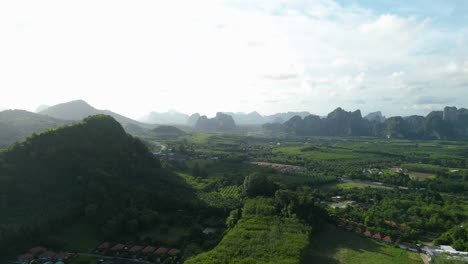 Scenic-mountains-and-idyllic-rural-landscape-of-Ao-Nang-Krabi,-Thailand,-aerial