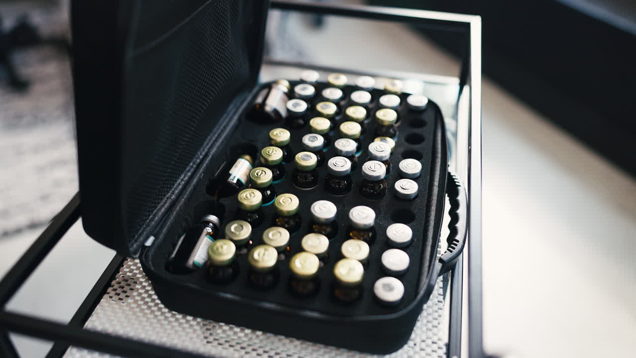 Organized Medical Vials with Gold and Silver Caps in a Black Case