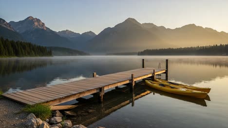 tranquil sunrise over serene lake with dock and kayaks, surrounded by majestic mountains and lush forests, capturing nature's peaceful beauty