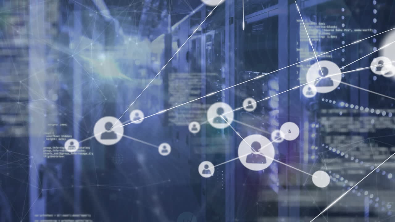 Animation of network of connections with icons over server room
