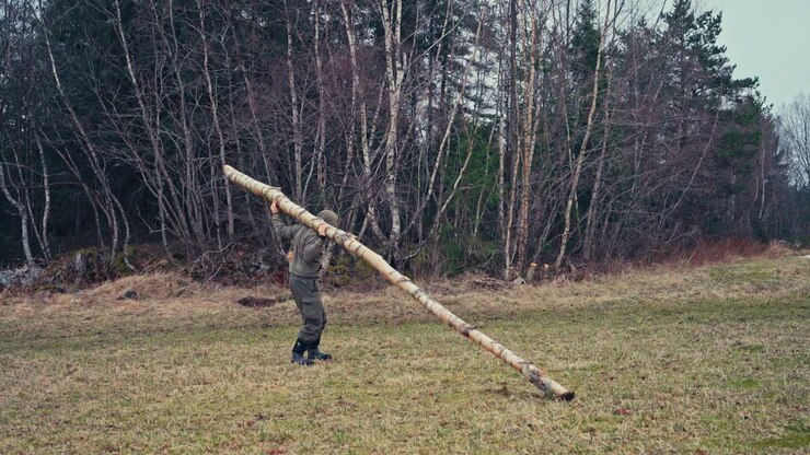 Man Carrying A Tree Trunk For Firewood - Wide Shot