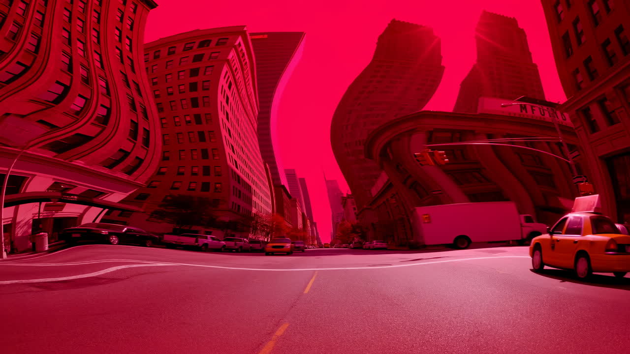 Rua Abstrata de Cidade Vermelha com Prédios Distorcidos e Tráfego em Movimento