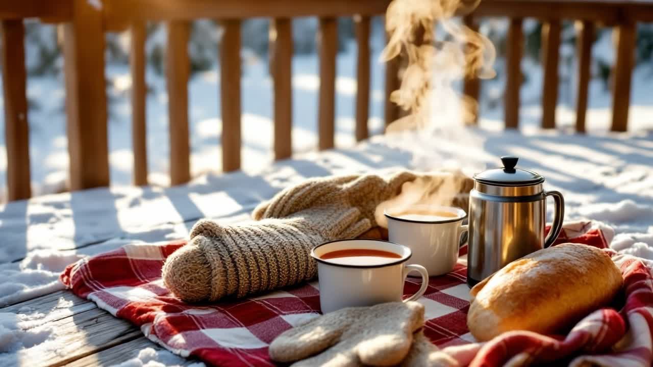 Warm beverage, bread, wool scarf and gloves laid on a checkered blanket on a snowy balcony at sunset, creating a cozy winter atmosphere