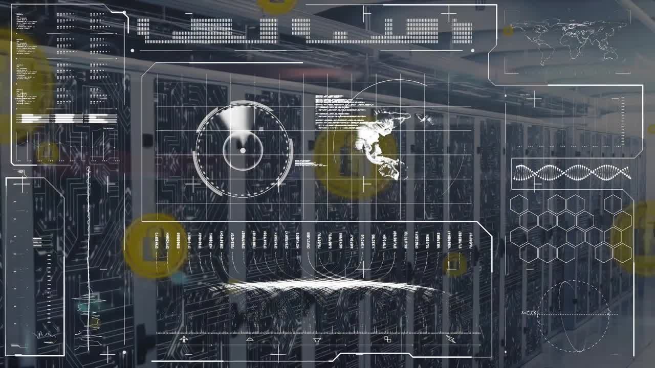 Animation of data processing and icons over server room