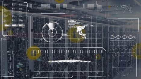 animación del procesamiento de datos e iconos sobre la sala del servidor