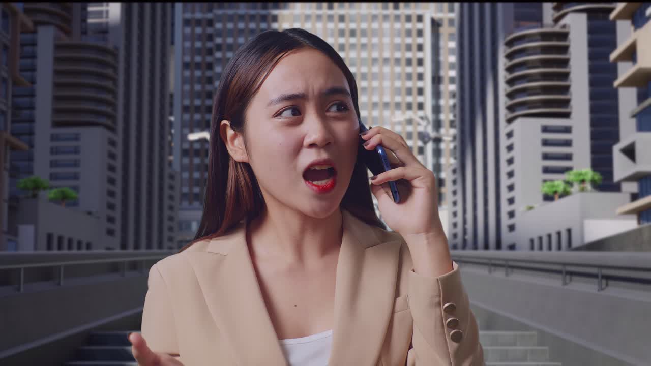 도시 에서 전화 로 논쟁 하는 여자