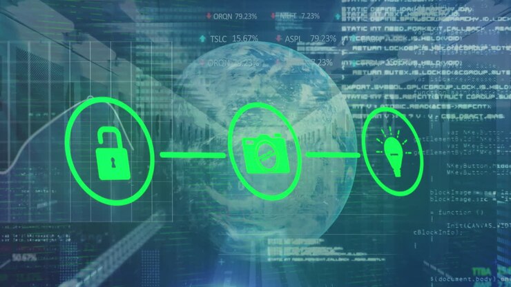Animation of network of connections with icons and data processing with globe over server room