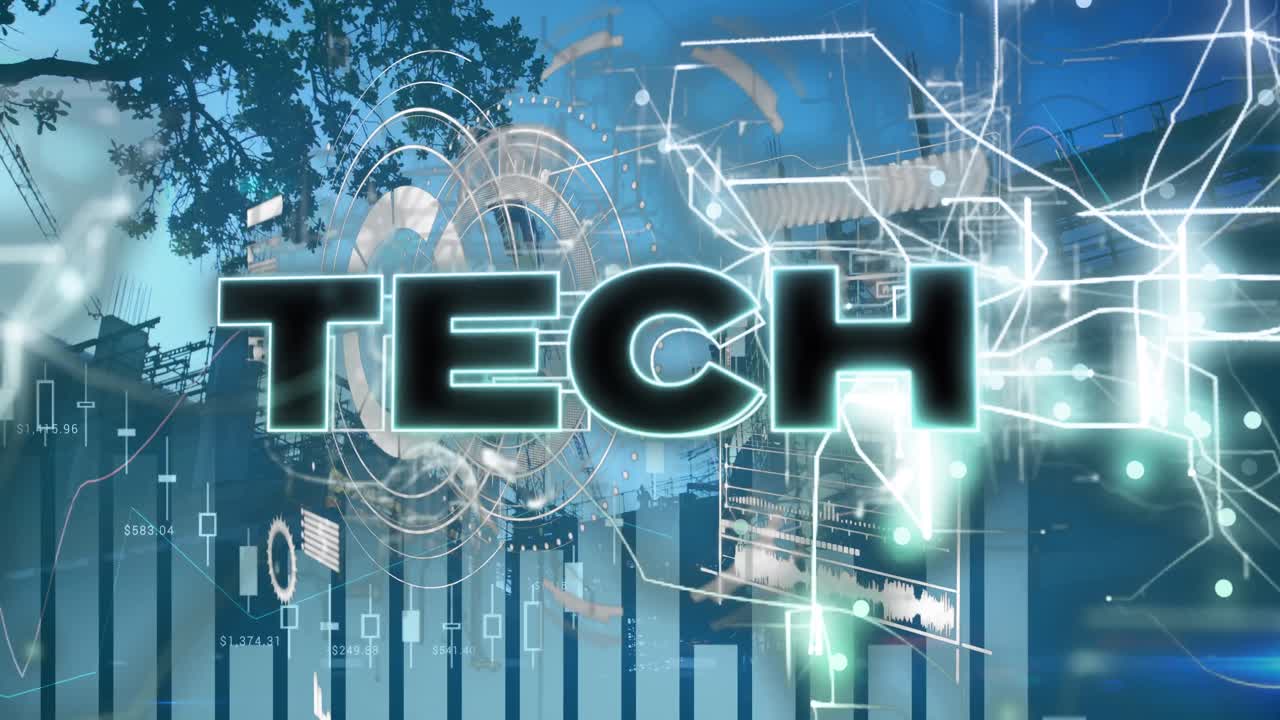 Animation of online security padlock over data processing and network of connections