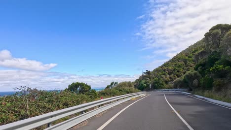 a serene drive along the great ocean road with ocean views, lush greenery, and clear blue skies captured in daylight