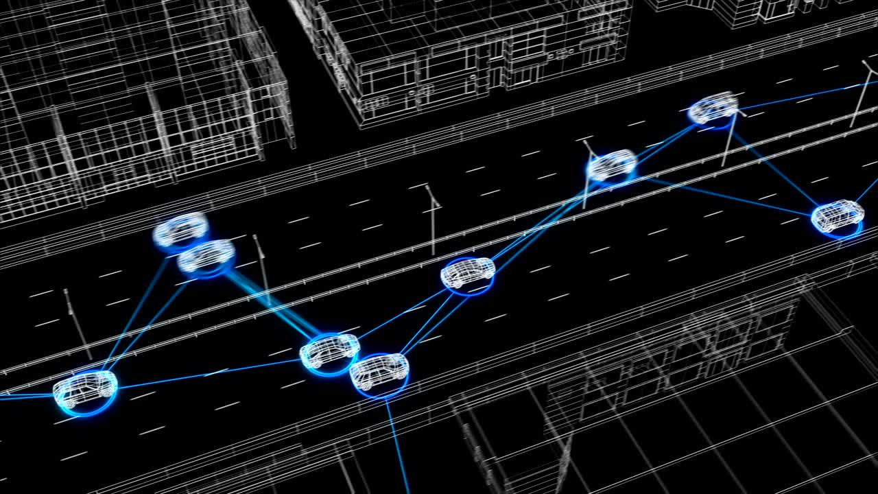 추상적인 고속도로 교통에 작동하는 아름다운 일러스트레이션 제어 시스템, 디지털 네트워크에서 모든 자동차를 완벽하게 연결하는 미래의 감시 시스템의 루프 3d 애니메이션.