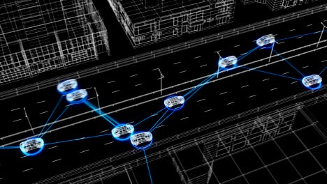hermoso sistema de control de ilustración que trabaja en el tráfico abstracto de la carretera conectando todos los coches en una red digital sin problemas. animación en bucle 3d de un sistema de vigilancia futurista.