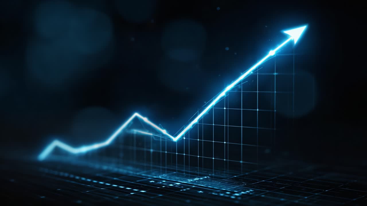 A Dynamic Growth Chart Illustrated with Blue Light, Featuring an Ascending Trendline Against a Dark Background, Perfect for Financial or Business Representations