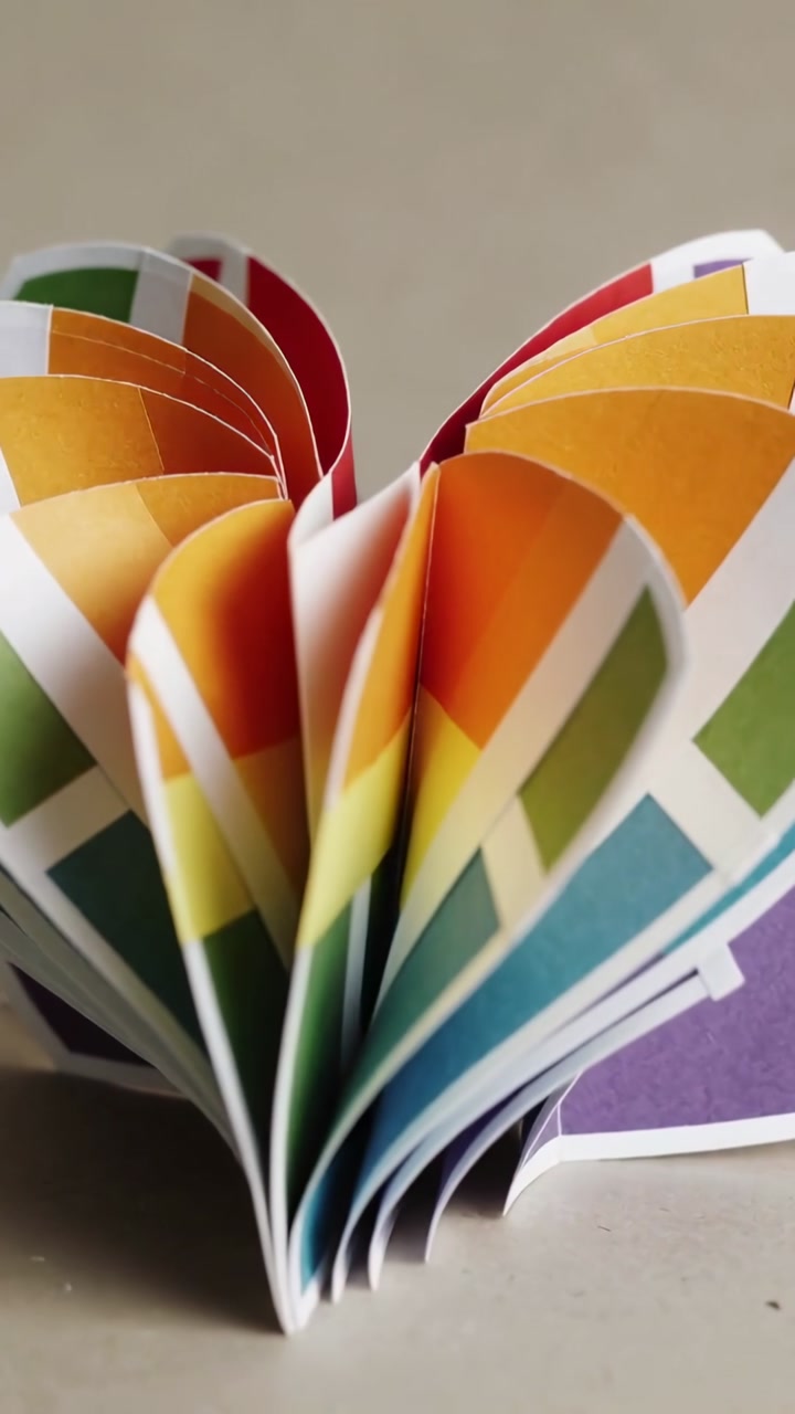 Vertical video: Paint-chip booklet on tabletop, camera shifting right revealing swatches for design
