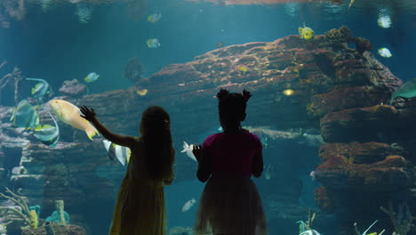 two little girls at aquarium watching tropical fish in corel reef habitat curious children looking at marine animals in oceanarium having fun learning about sea life