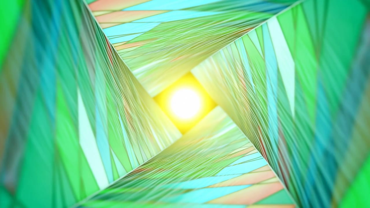 Formas geométricas abstratas sem ação detectada, em fundo abstrato com cores vibrantes, com formas triangulares e poligonais, fonte de luz amarela brilhante, com detalhes verdes e azuis.