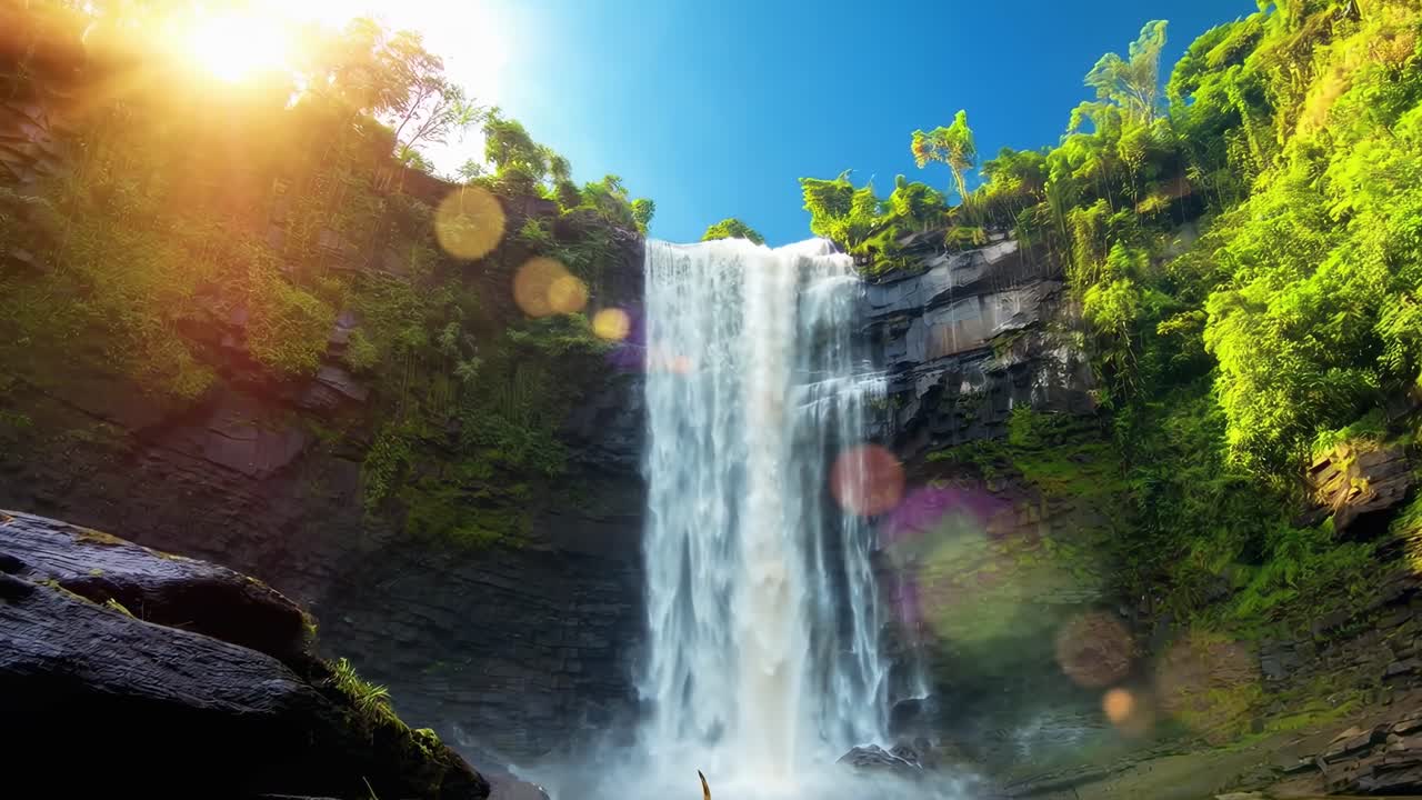 Vídeo deslumbrante de cachoeira em ângulo baixo, capturando a luz do sol e a vegetação exuberante.
