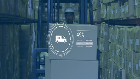 animation of data processing against biracial male worker operating a forklift at warehouse