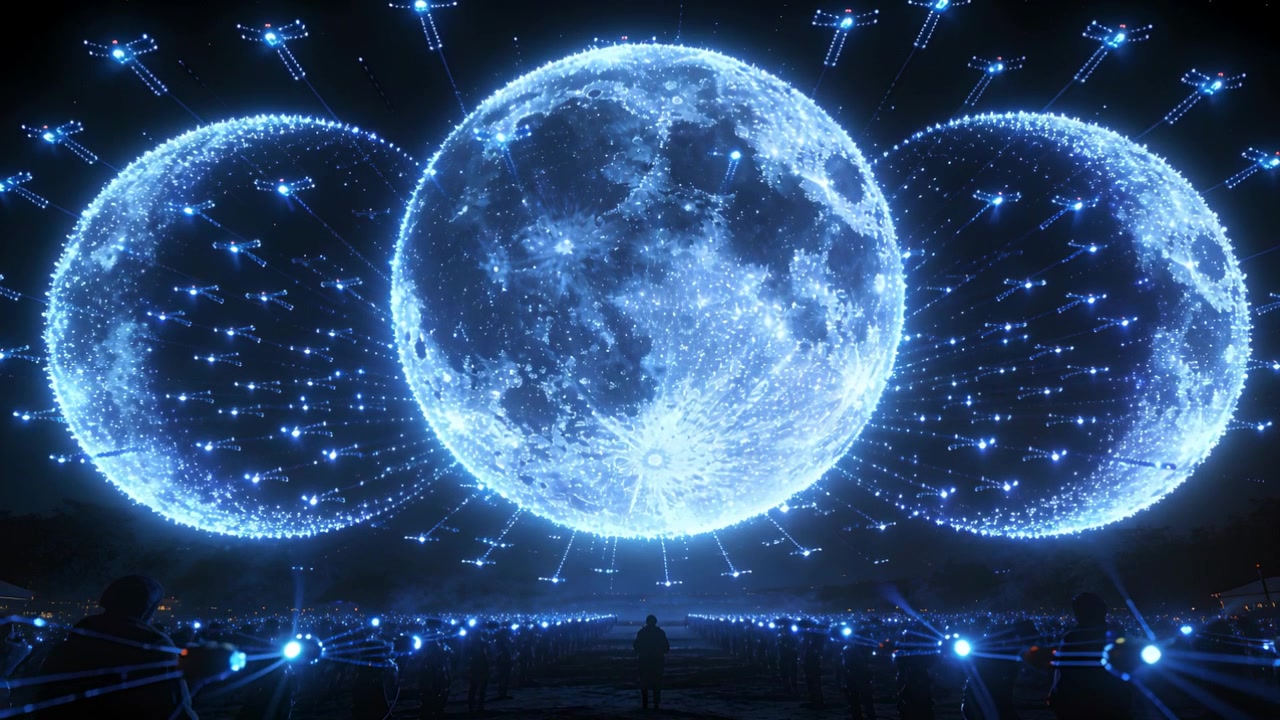 Starting show with central moon sphere and two flanking moons pulsing in arena, drones orbiting