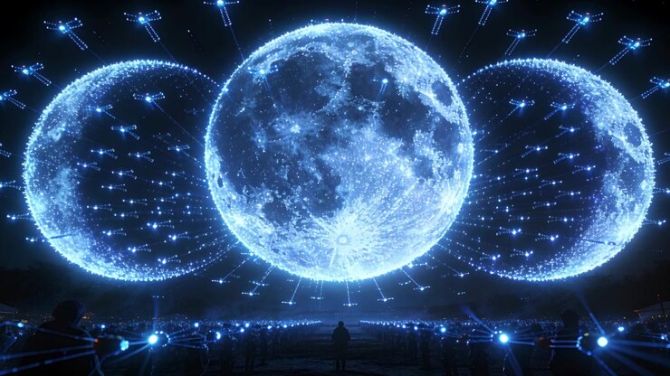 Lo spettacolo inizia con una sfera lunare centrale e due lune laterali che pulsano nell'arena, con droni che orbitano.