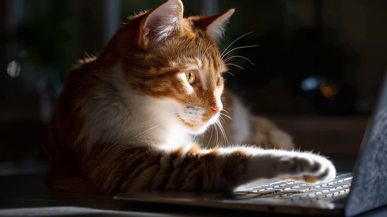 Warm light catches a ginger cat's gaze. It rests beside a laptop, paws near keys. Sunbeams highlight its soft fur and curious eyes. The cat seems calm, focused on the screen