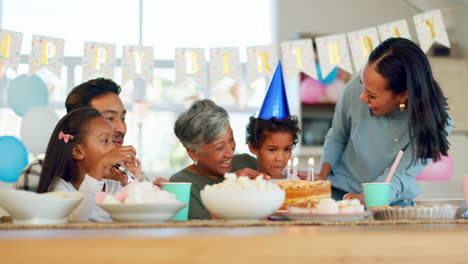family, birthday party and cake with celebration