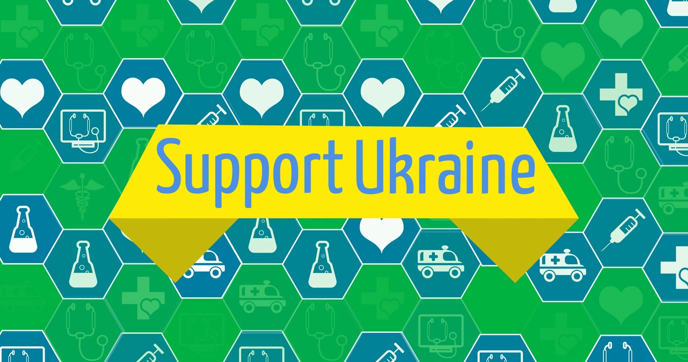 Animazione digitale di un banner di testo "supporta l'Ucraina" su sfondo trasparente con icone mediche.