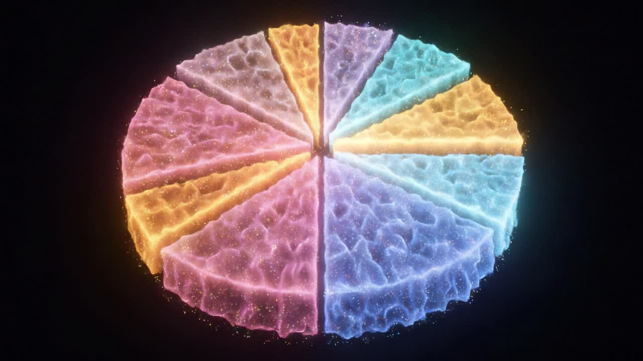 A Stunning Visual Display of Colorful Digital Partitions Rendered in 3D, Showcasing a Vibrant Pie Chart Made of Dynamic Textures and Fluid Motion Effects