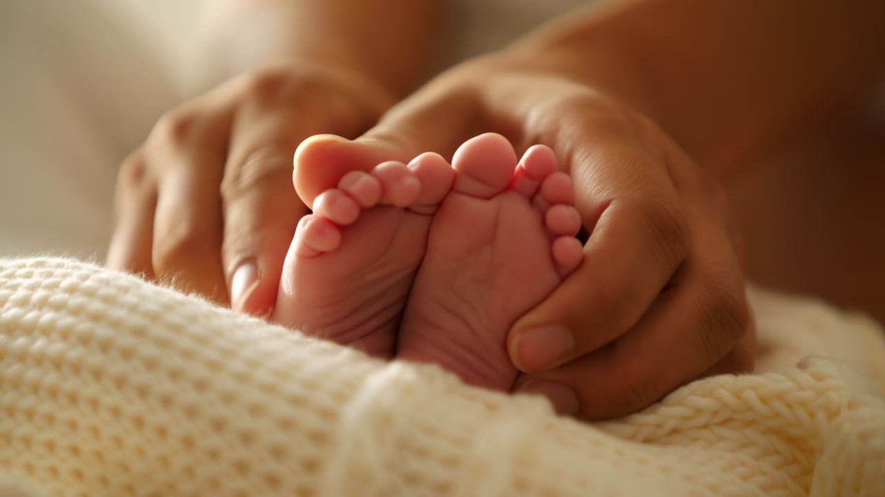 Newborn Feet Cradled By Hands, Soft Knit Blanket Under Tiny Soles, Warm Golden Light, Parent Gently Holding