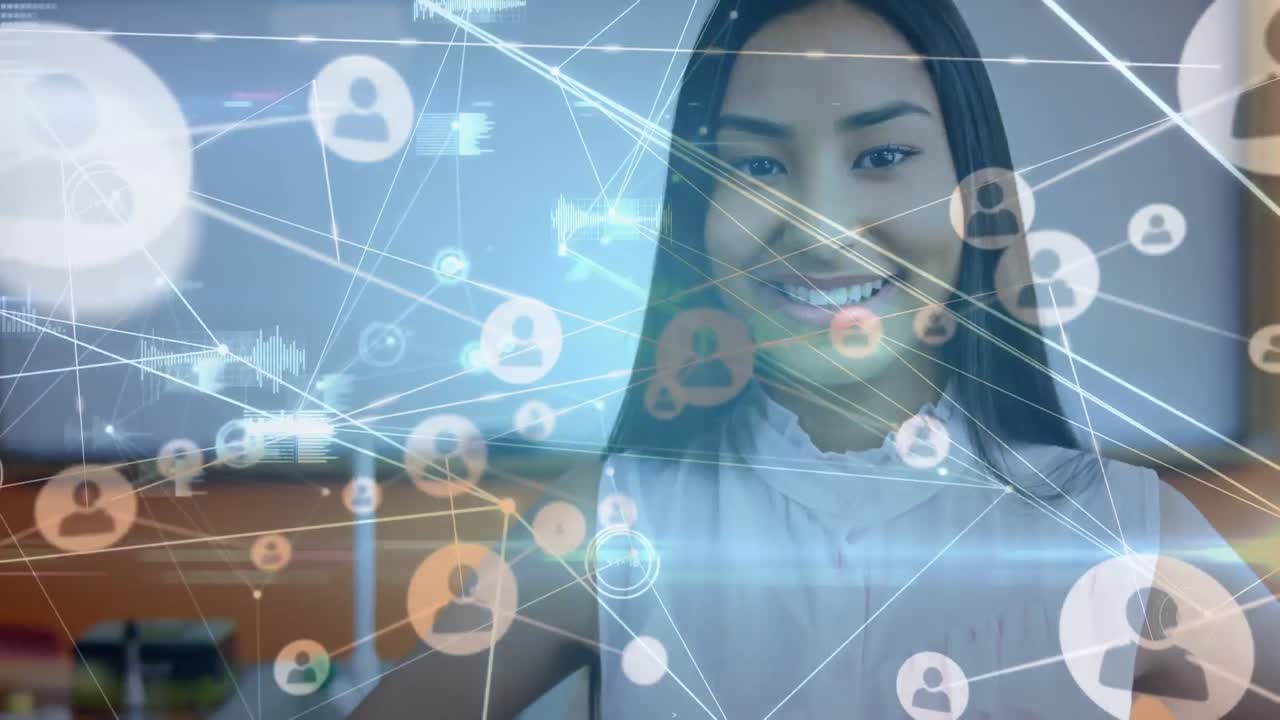 animación de la red de conexiones sobre una adolescente biracial feliz en la escuela