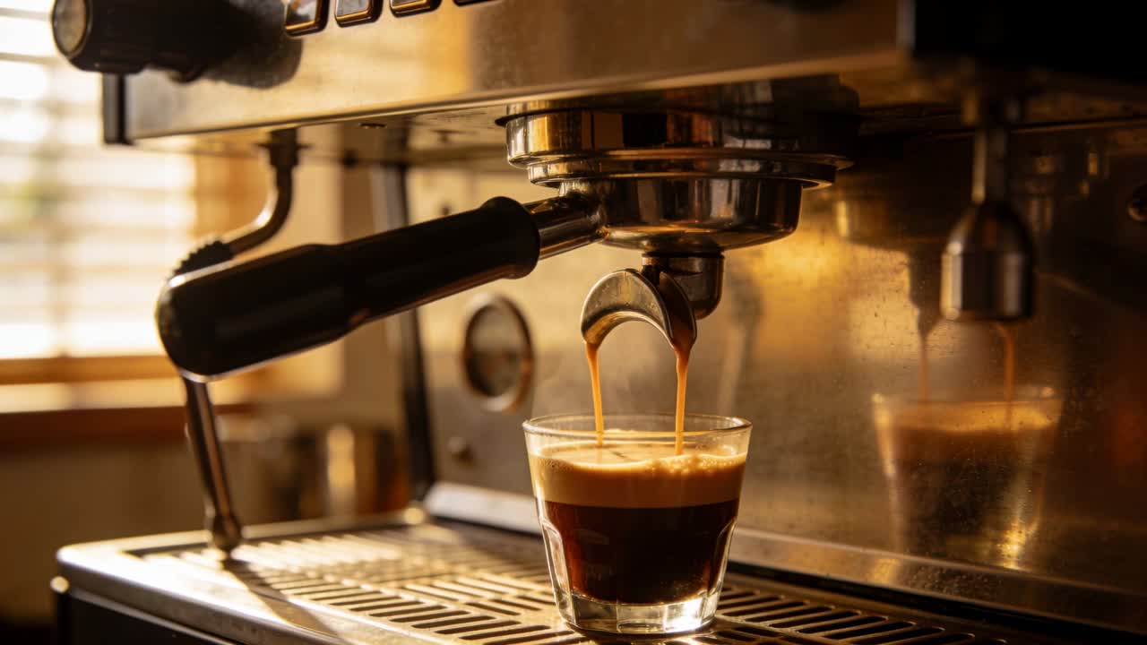 Beccucci di erogazione che versano caffè espresso in un bicchiere dopo aver inserito il portafiltro per riempire la dose, con formazione della crema