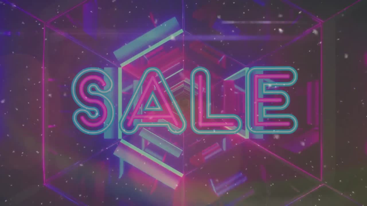 검은색 바탕에 칼레도스코프 모양 위에 판매 텍스트의 애니메이션.