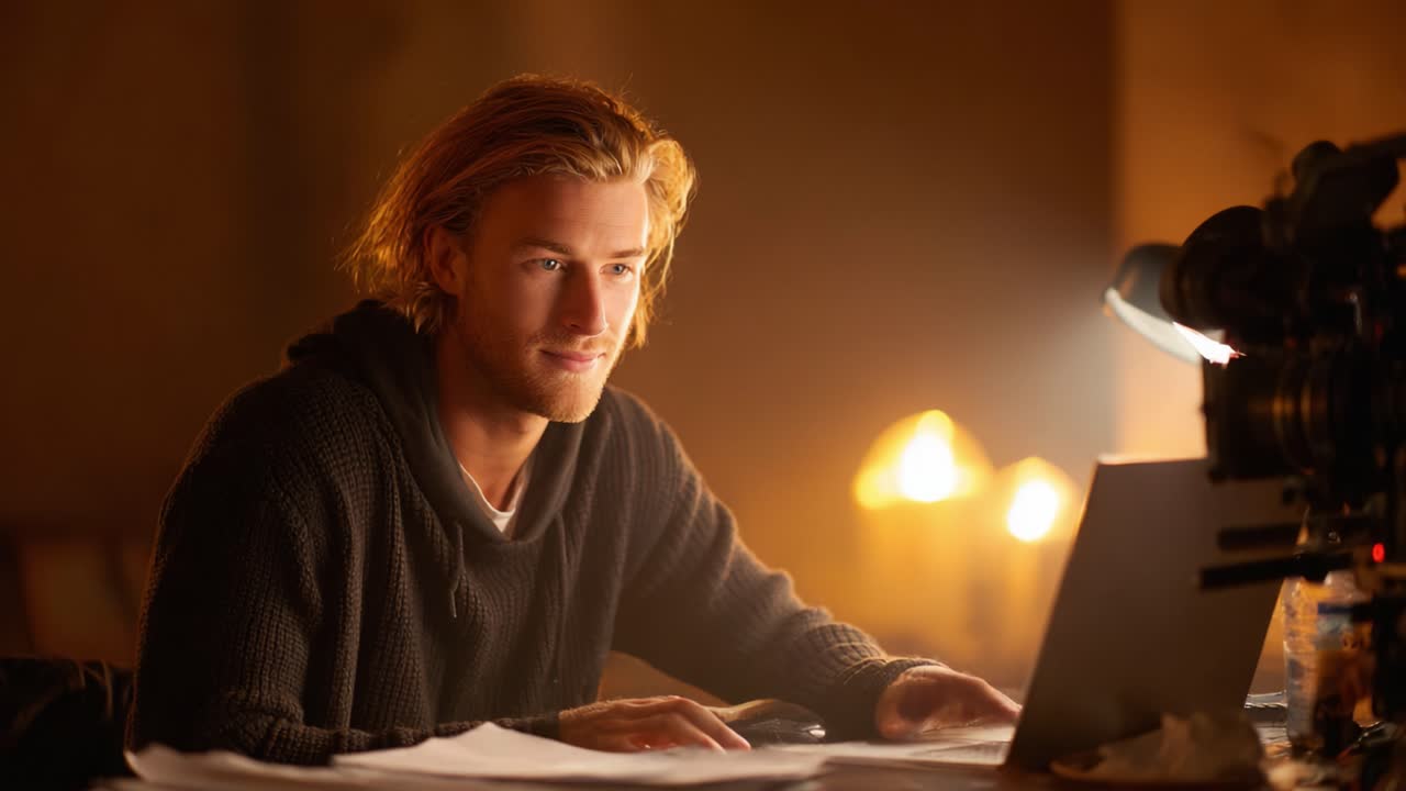 Focused Individual Engaged with Laptop in Dimly Lit Room Surrounded by Warm Candlelight, Creating an Atmosphere of Concentration and Creativity