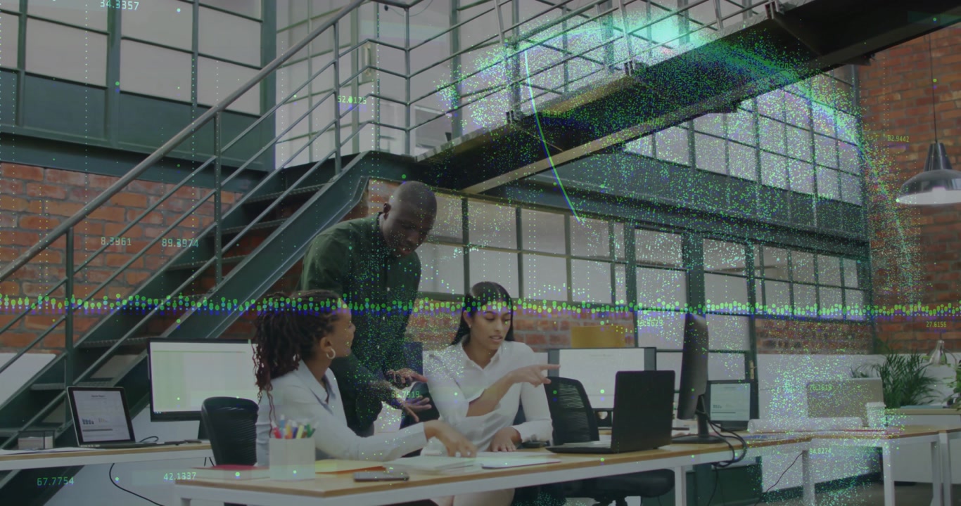 team collaborating around desk in business office, showing floating documents and chart animations