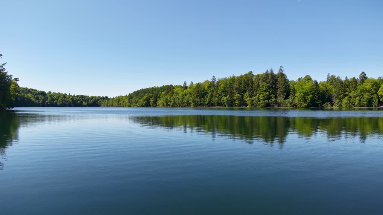 Prise de vue aérienne paisible d’un lac calme reflétant le ciel bleu clair et la forêt environnante. Le drone se déplace doucement au-dessus de l’eau, capturant le paysage serein et le littoral au Danemark.