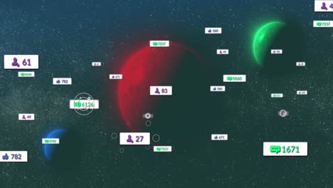 animation of social media icons against spinning planets in space