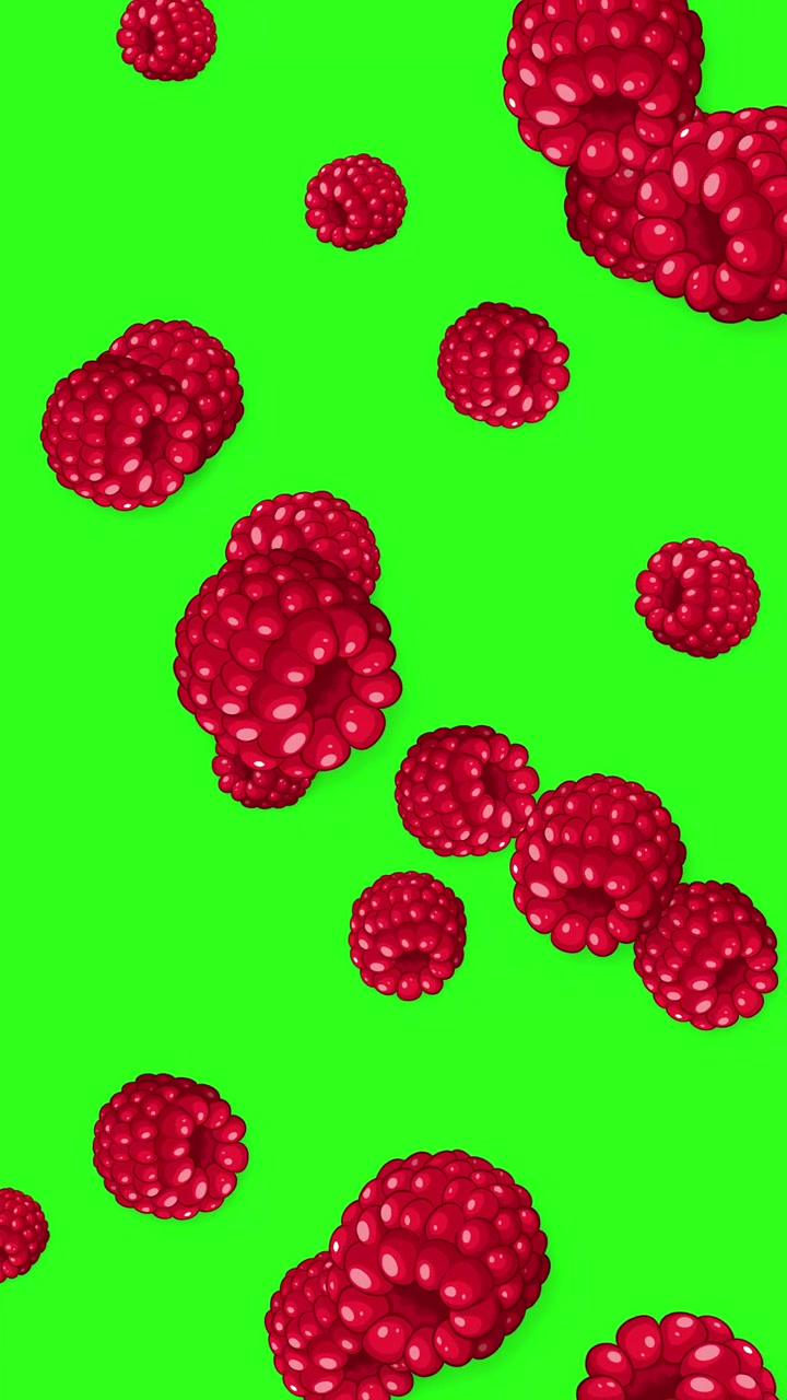 Red raspberries fall continuously against a bright green screen in a vertical 2D animation.