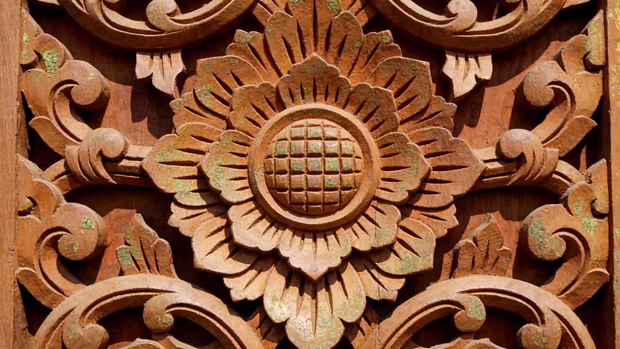 Telecamera che si avvicina a una rosetta floreale intagliata centrale sul pannello di una porta, enfatizzando la texture e la patina.
