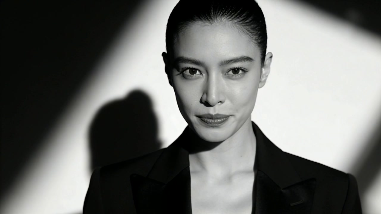Reacting to pullback Asian woman easing into smile in studio for portrait with blazer angled shadow