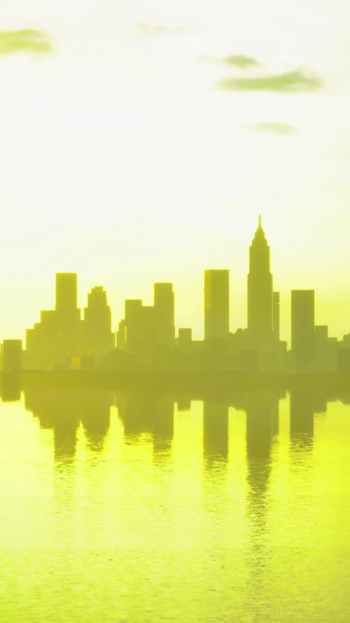 Vista de un atardecer brillante sobre el horizonte de una ciudad, reflejándose en aguas tranquilas.