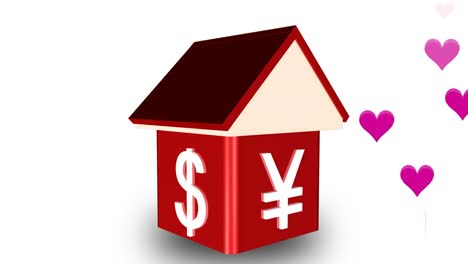 animation of heart icons and house with yen, euro, pound and dollar symbols on white background