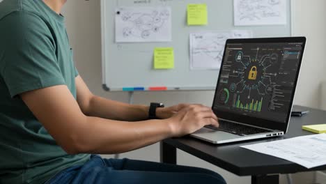 exploring cybersecurity insights: an individual engages with advanced data analytics on a laptop screen, focusing on digital security metrics and visualizations