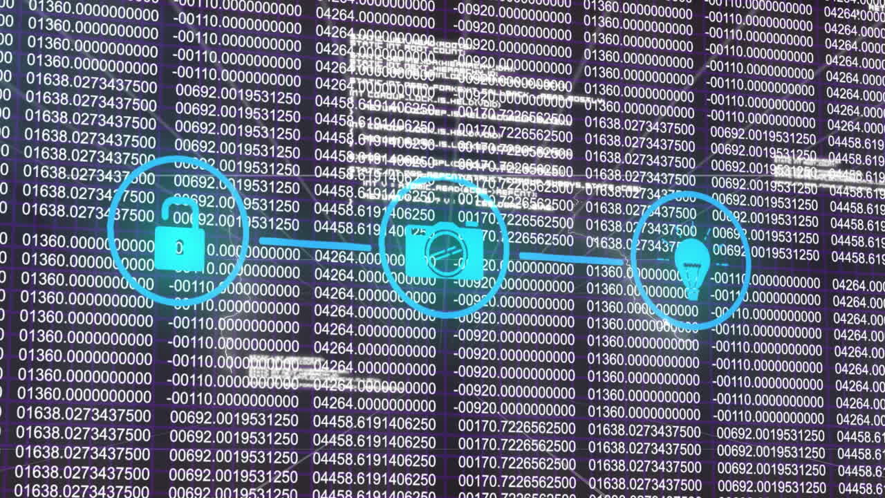 Animation of network of digital icons and data processing against black background