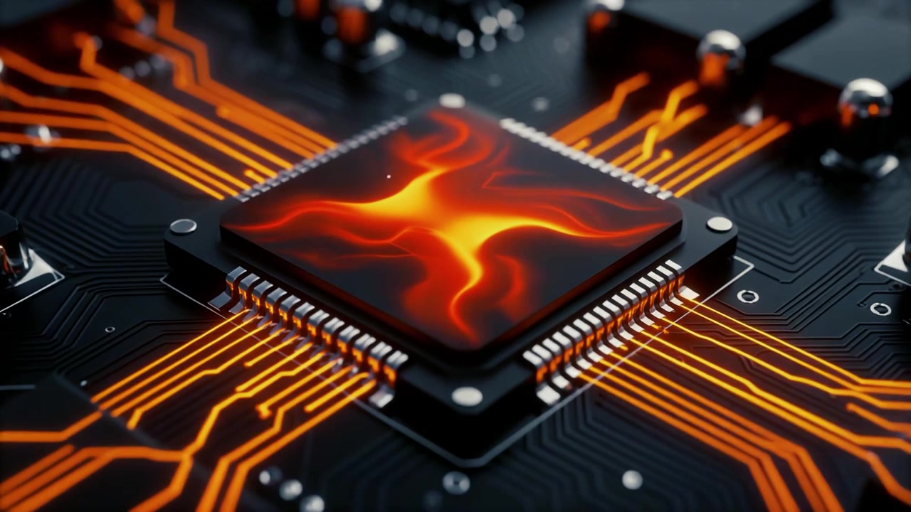 Glødende processorchip på printkort med datastrøm