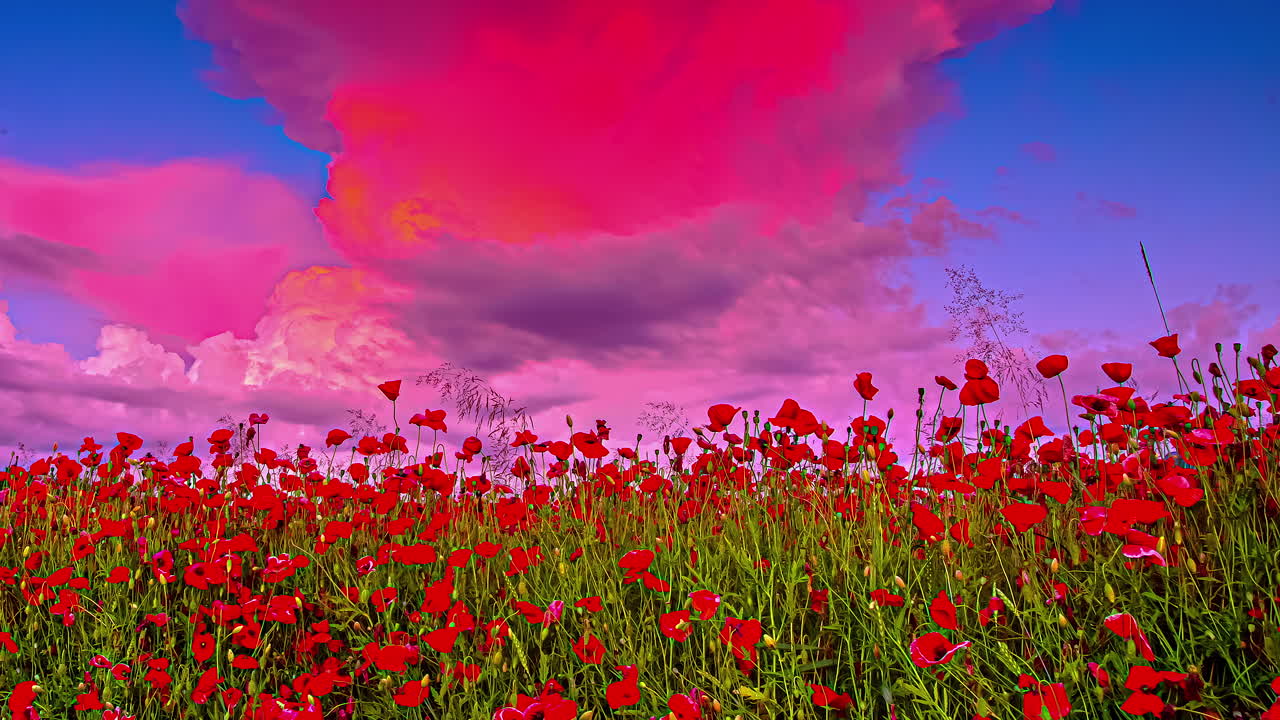 nube de cumulonimbus al atardecer como algodón de azúcar rosa sobre un campo de flores de amapola - lapso de tiempo de cloudscape