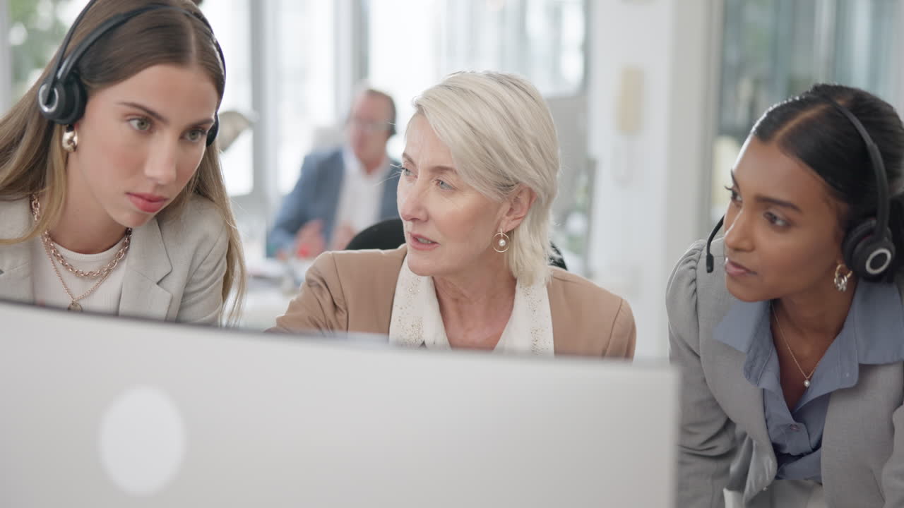 Customer service, women and call center with team