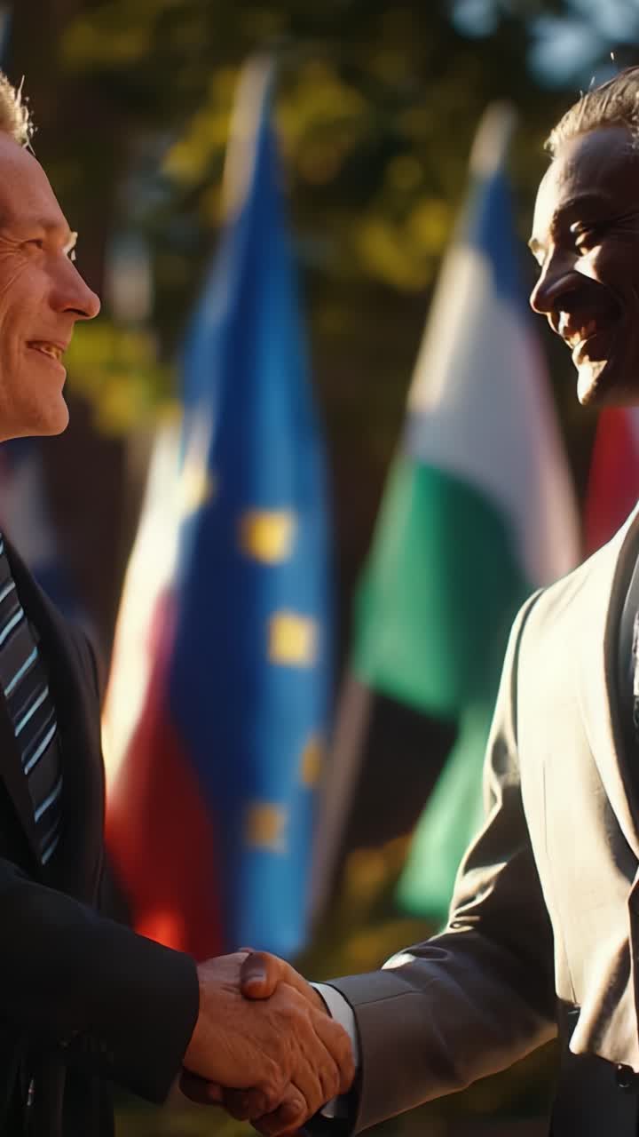 Two individuals engaged in a friendly handshake, surrounded by various international flags, showcasing diplomacy, unity, and mutual respect in a formal setting