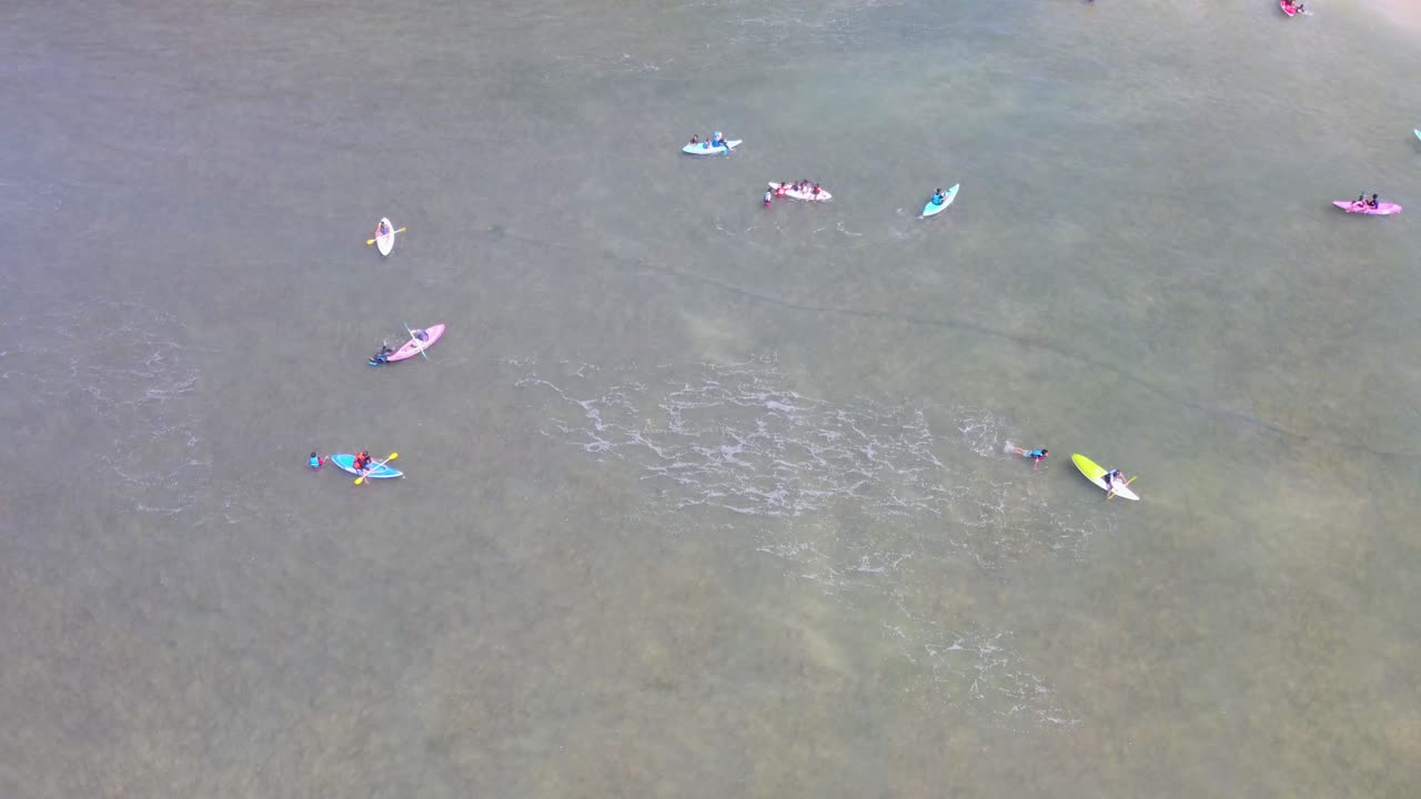 ⁇ 은 날 바다에서 카이아커의 그룹을 보여주는 공중  ⁇  다운  ⁇