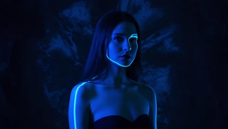 a captivating portrayal of a woman illuminated by neon blue light, emphasizing her features against a dark backdrop, creating an ethereal and futuristic atmosphere