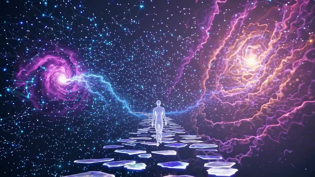 Figura umana che cammina su un sentiero luminoso attraverso un universo cosmico
